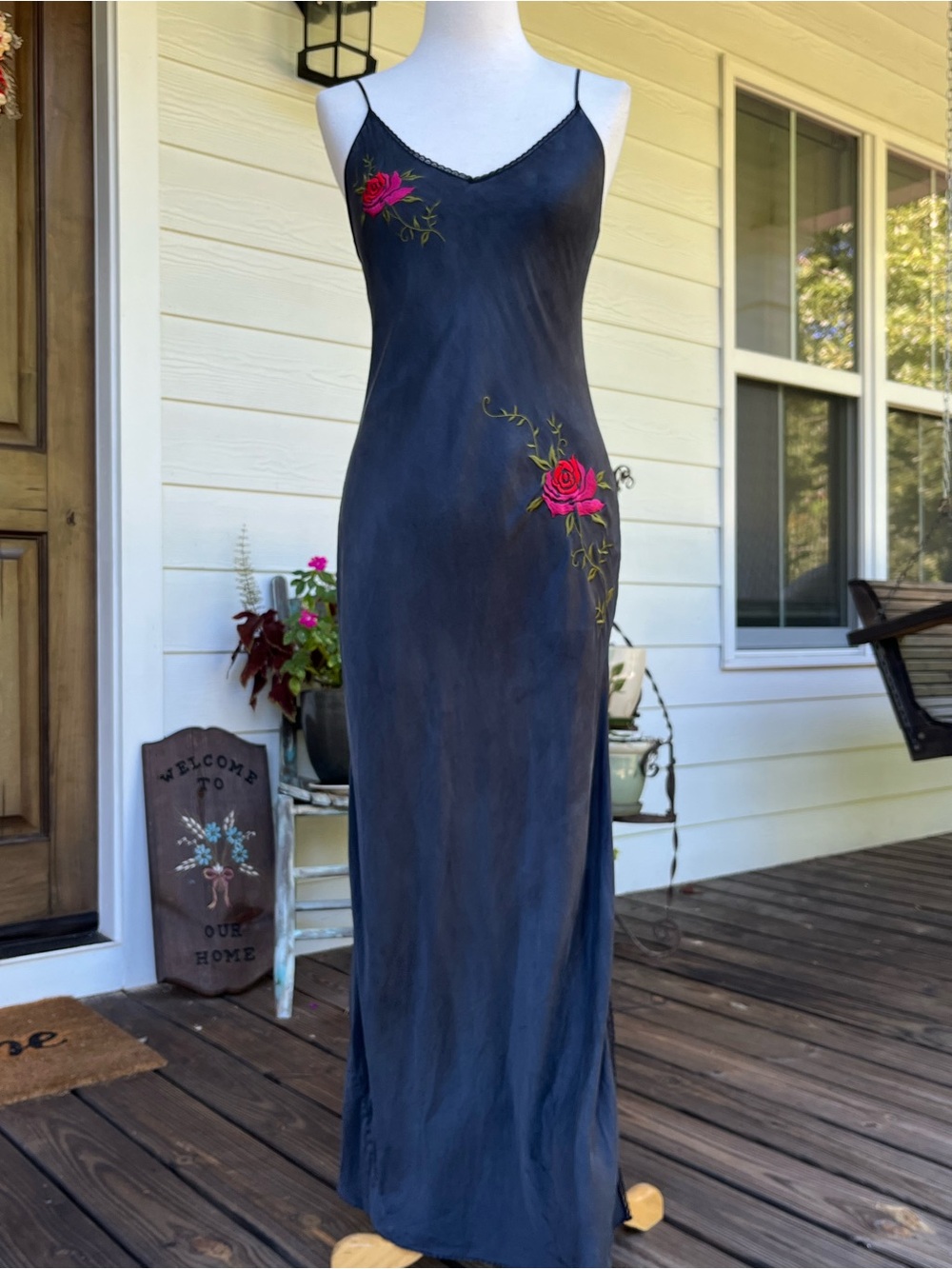 2002 Victoria's Secret 100% Silk Rose Embroidered Maxi Slip Gown